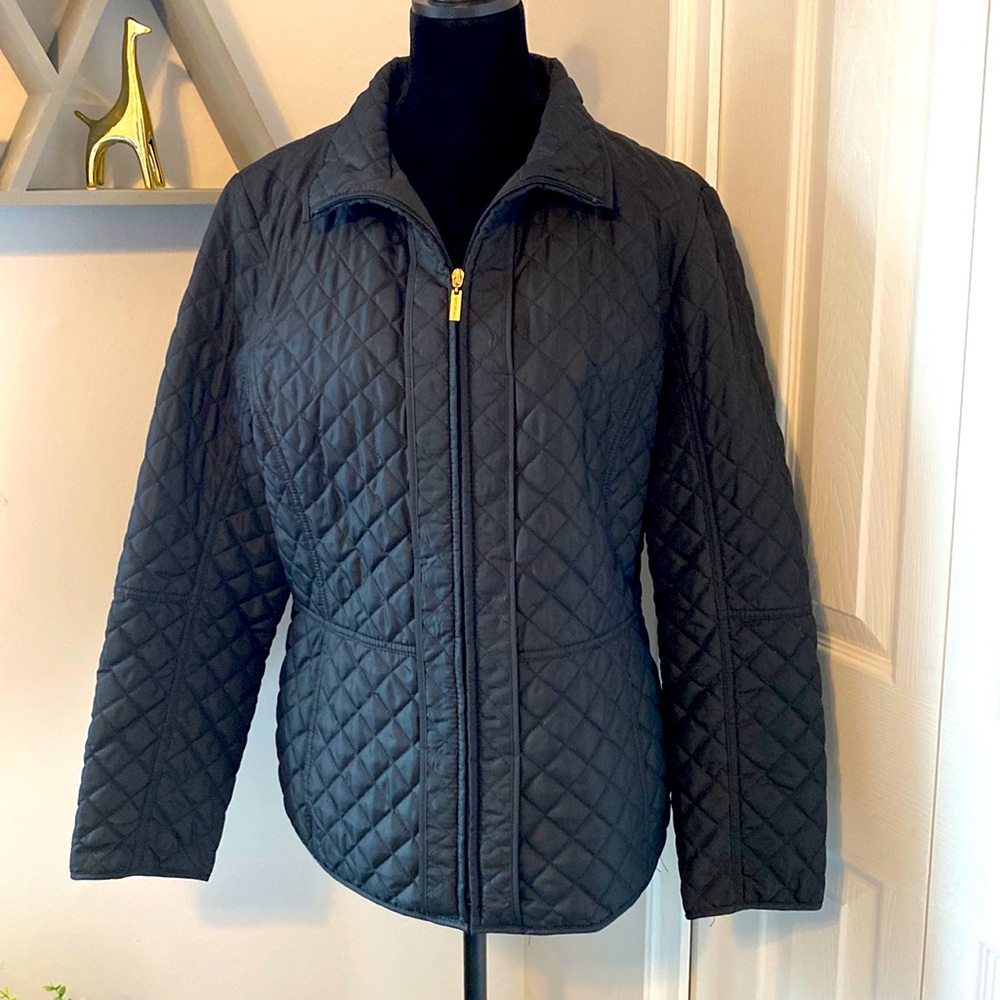 Ladies quilted black jacket with gold, zipper accent, perfect condition, EUC